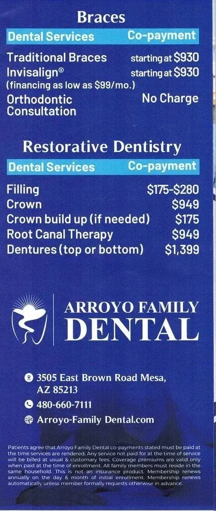 In-house plan information with costs for Arroyo Family Dental in Mesa, AZ